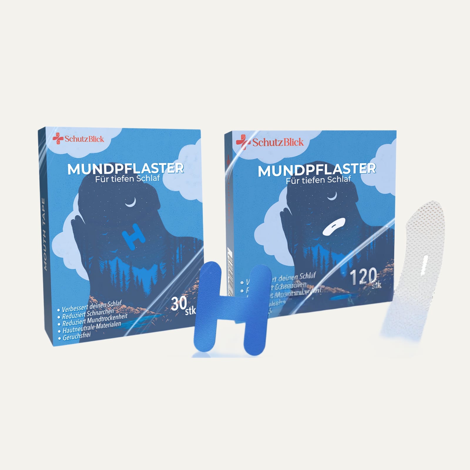 Schutzblick Mundpflaster Verpackungen auf hellem Grund