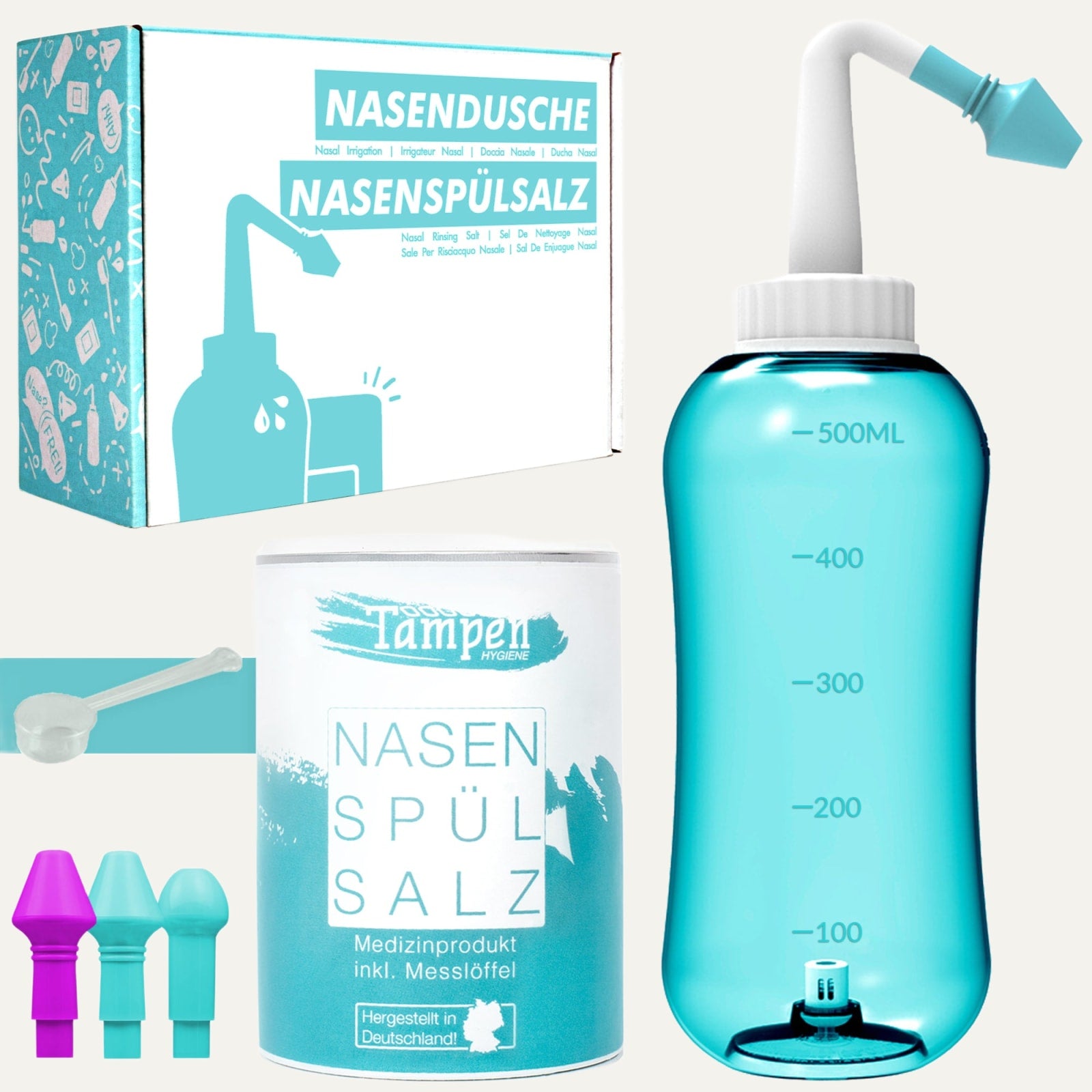 TAMPEN Nasenduschenset mit Spülsalz auf hellem Grund