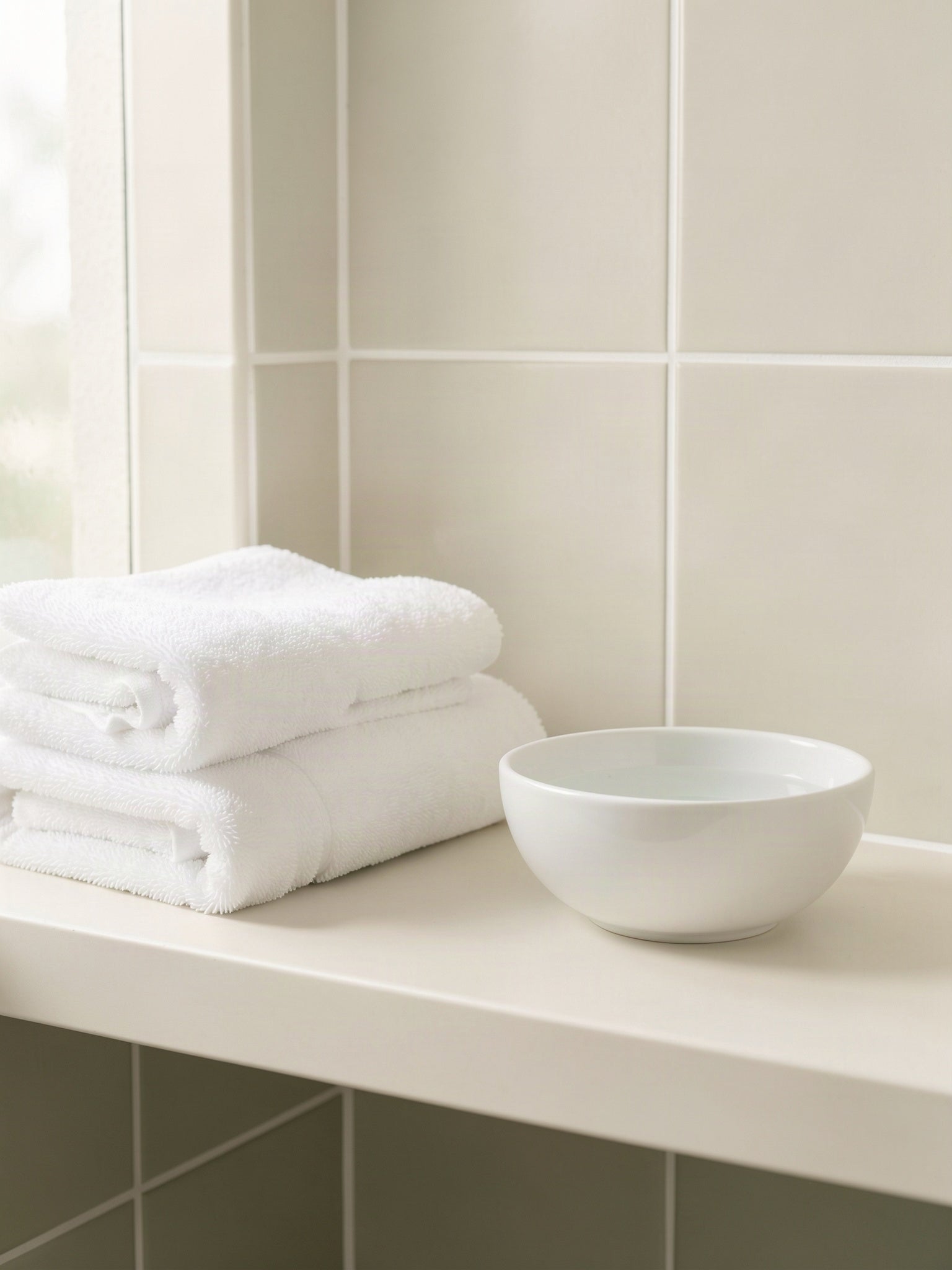 Weiße Handtücher und Wasserschale auf heller Badezimmerablage