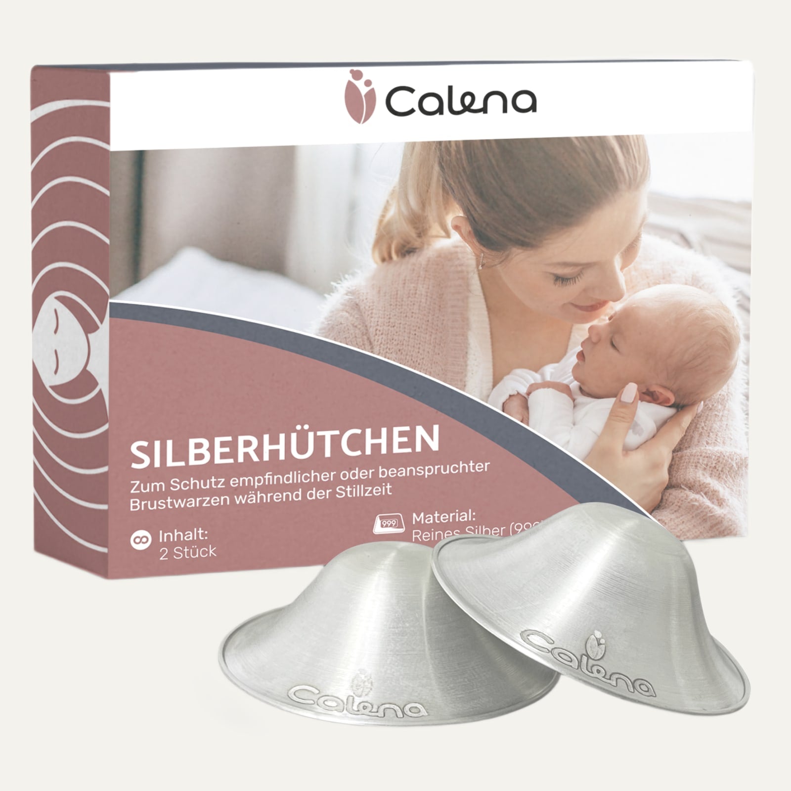 Calena Silberhütchen mit Verpackung auf hellem Grund