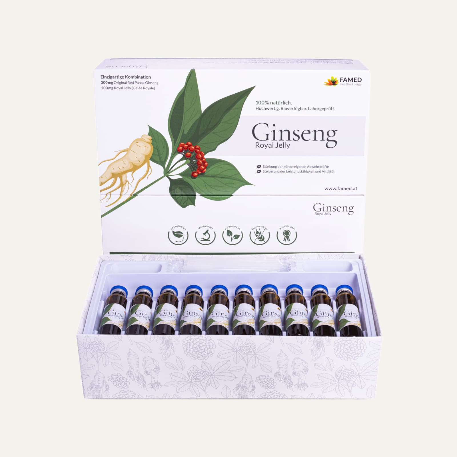 FAMED Ginseng Royal Jelly Packung mit Trinkampullen auf hellem Grund