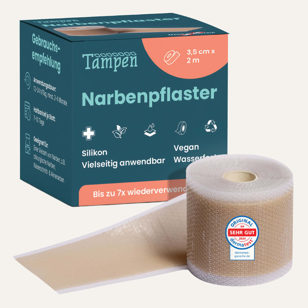 TAMPEN Narbenpflaster Verpackung und Rolle auf hellem Grund