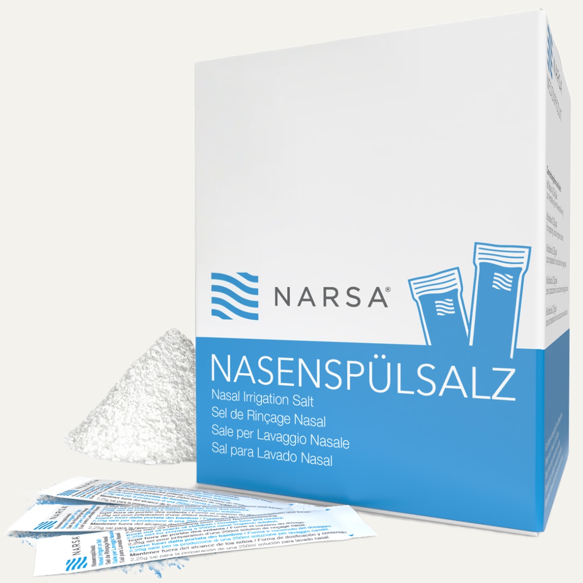 NARSA Nasenspülsalz Sticks mit Salz auf hellem Grund