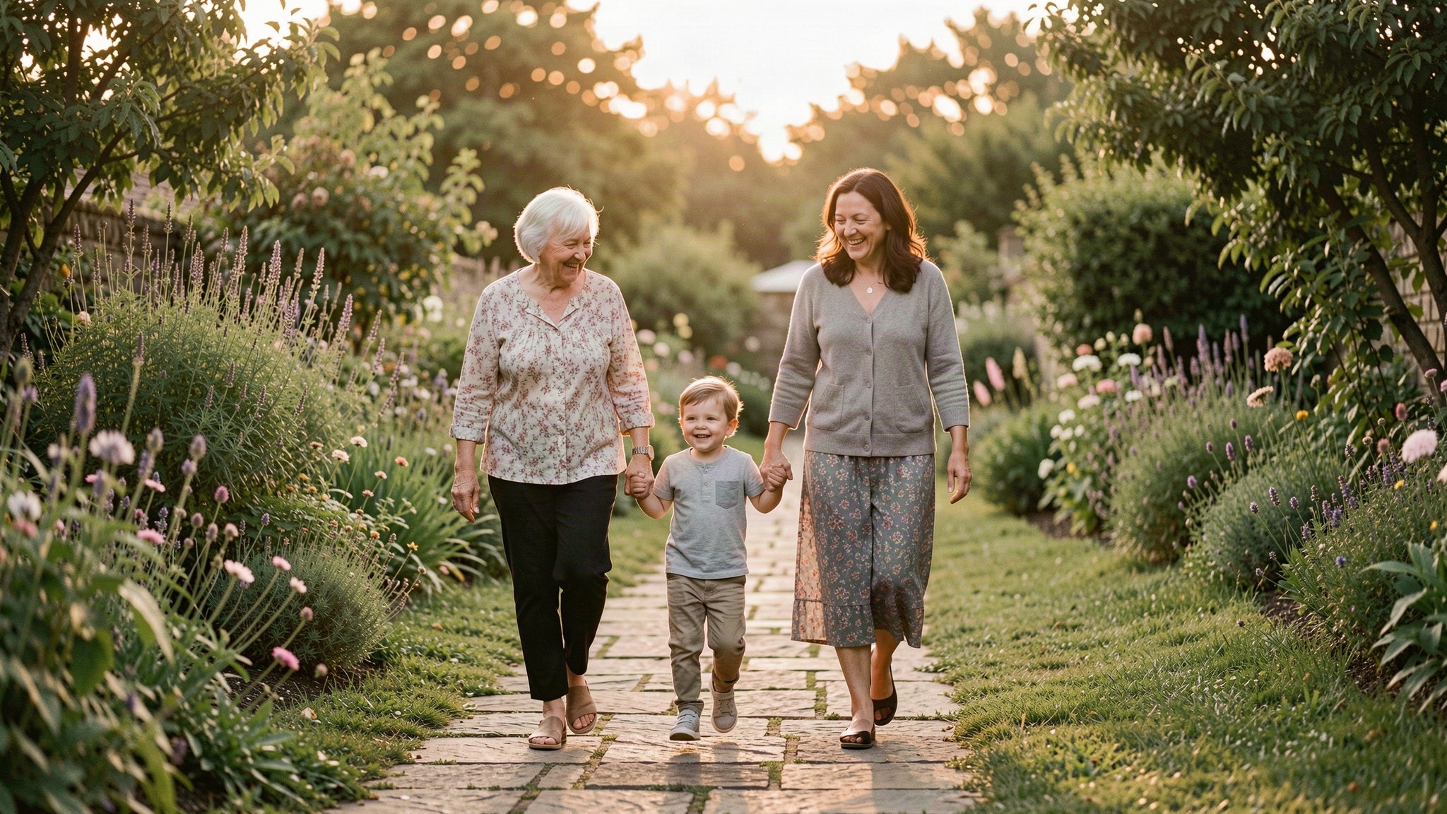 Drei Generationen einer Familie auf einem Gartenweg im Abendlicht